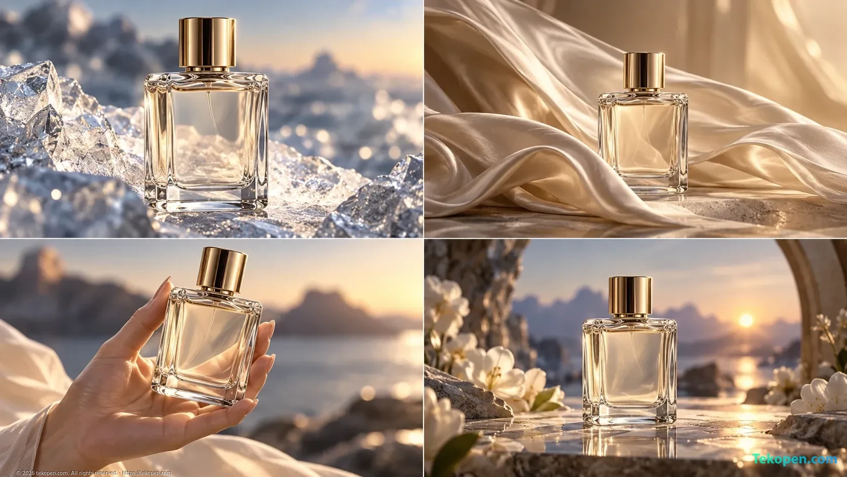 A four-scene storyboard featuring the same perfume bottle design