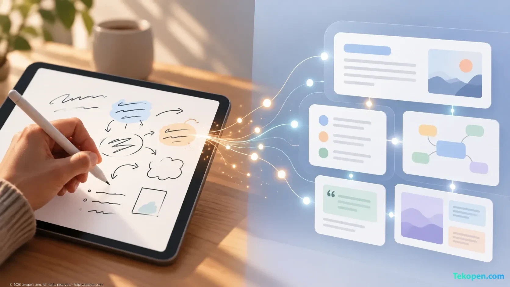 Illustration of the process of turning handwritten notes into structured content