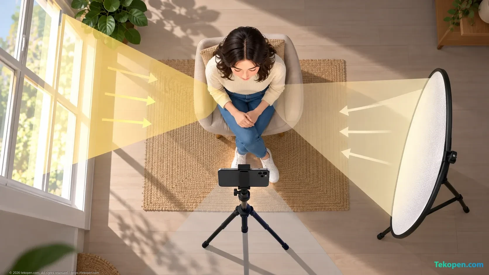 Phone and reflector setup for filming a person beside a window
