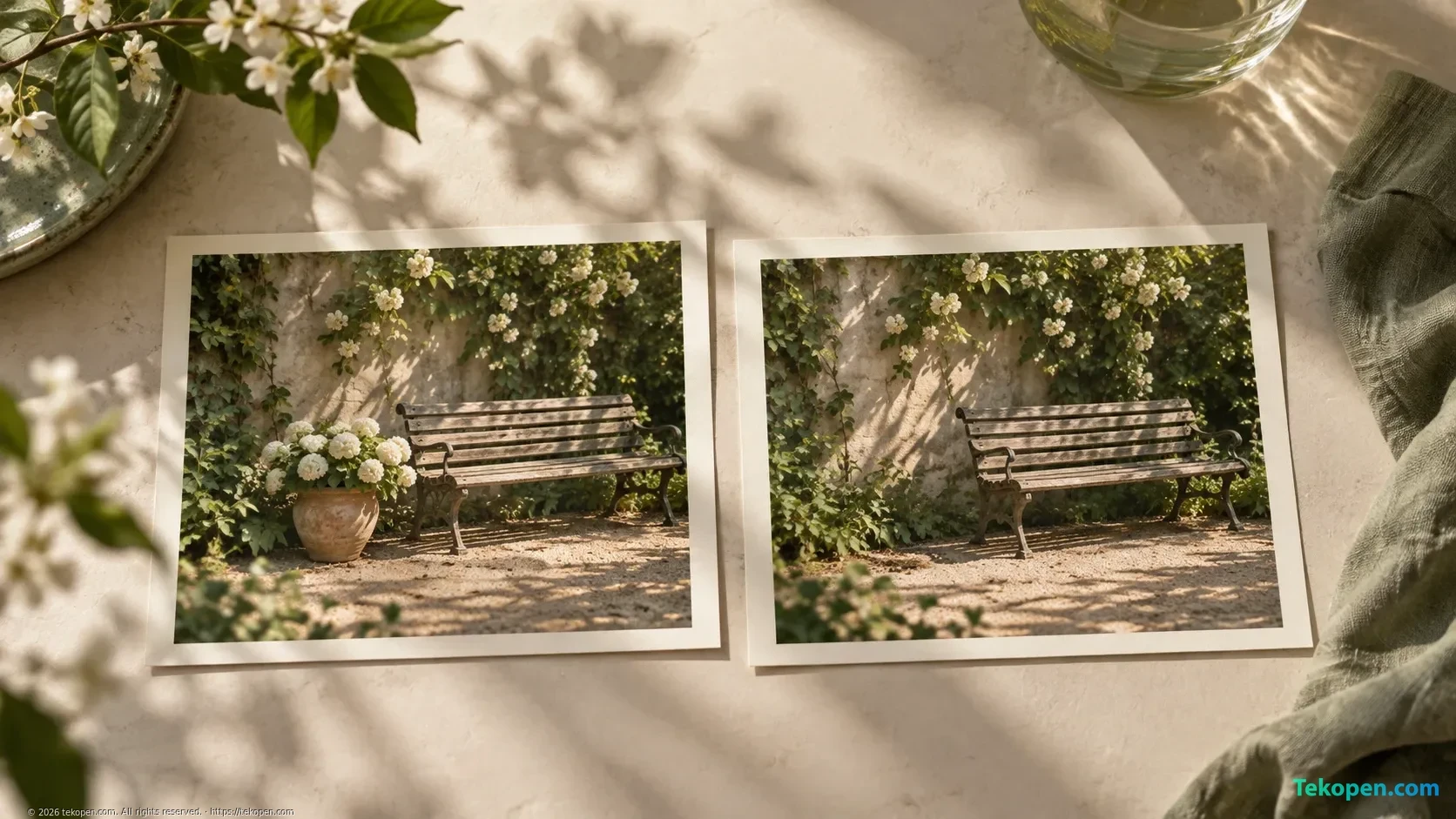Two versions of an image illustrating how its content changes when a flowerpot is removed.