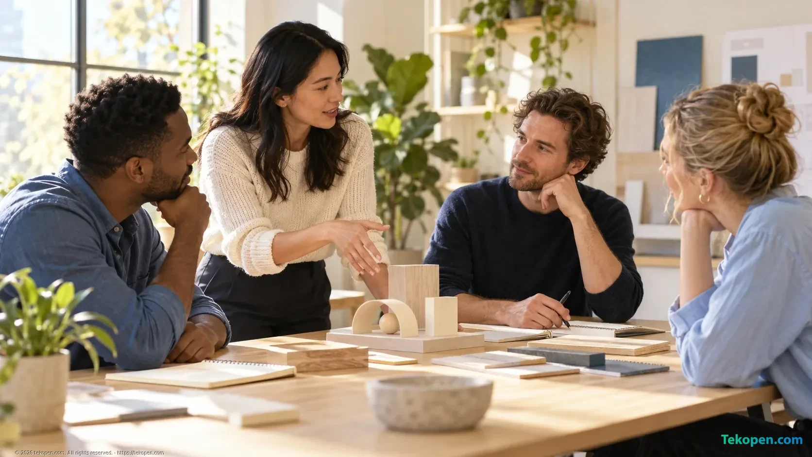 A facilitator listens to a colleague presenting during a meeting