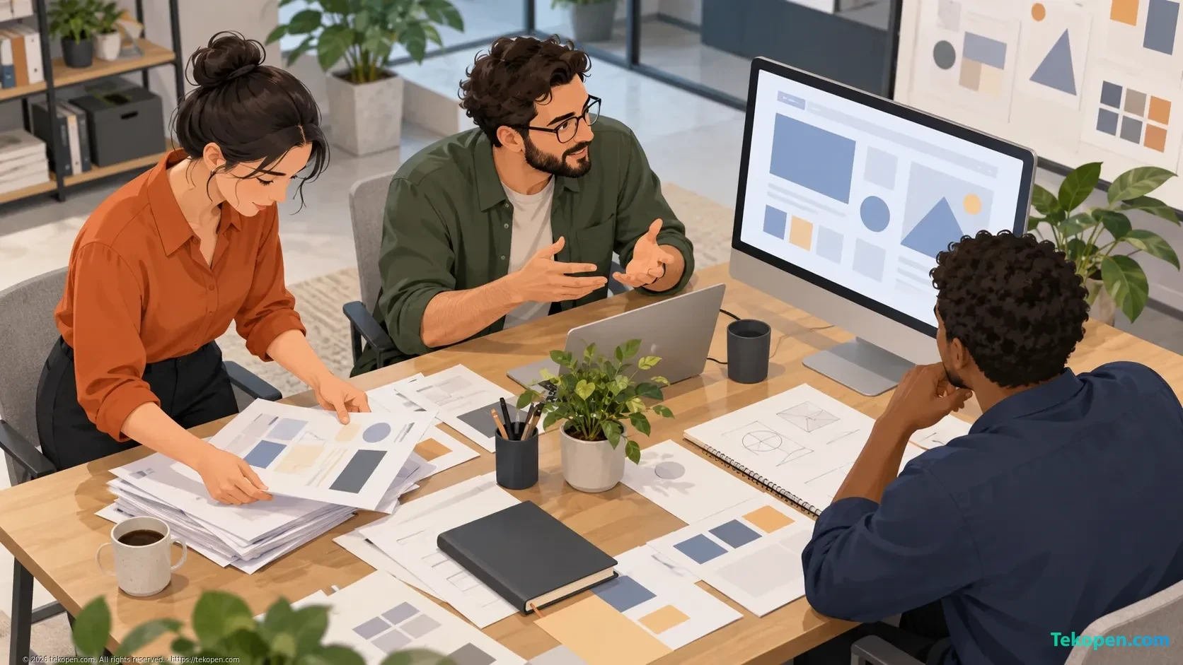 A small team working together to prepare documents and check a prototype