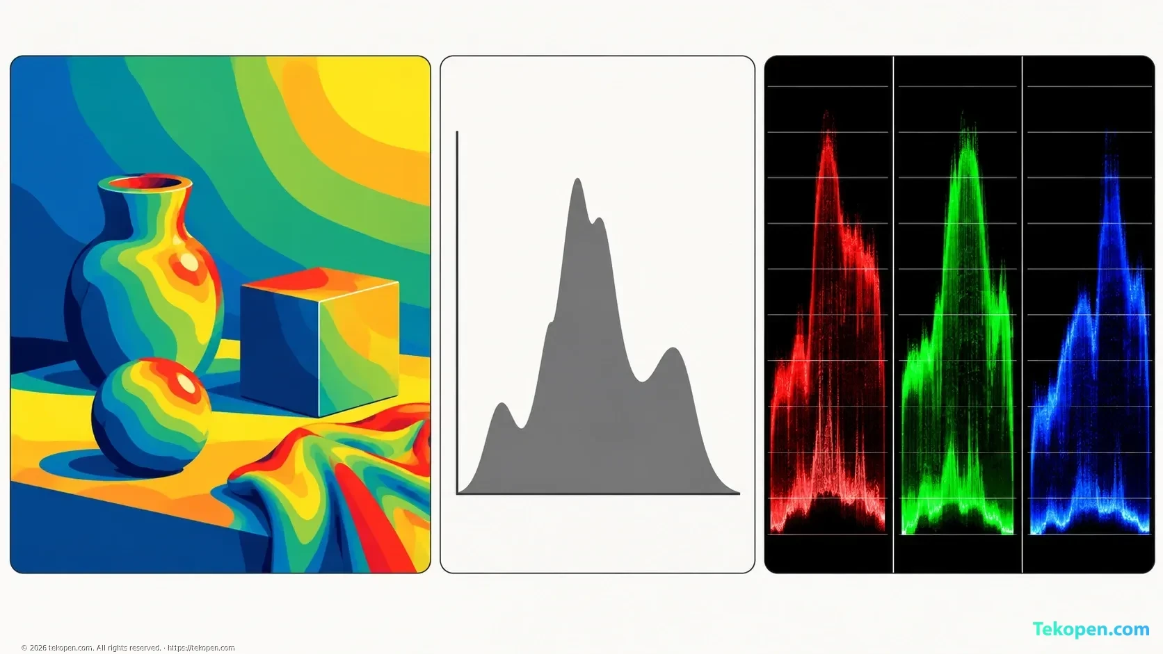 Illustration of the concepts of false color, histograms and the three RGB channels