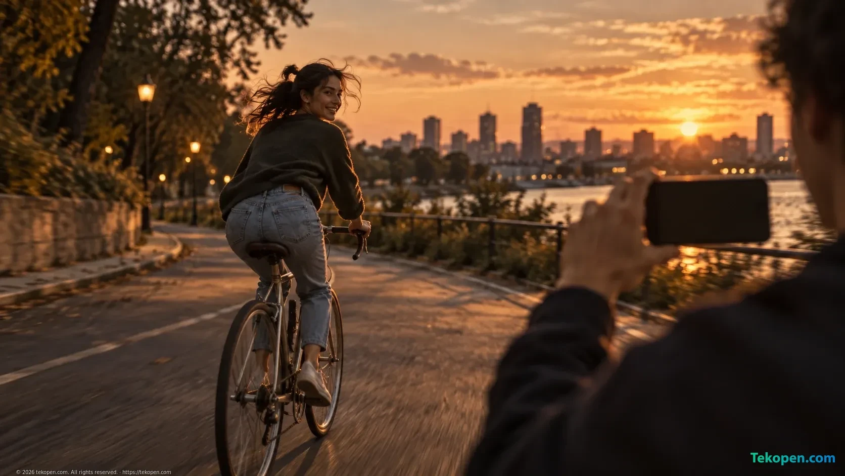 Filming a cyclist at dusk with a phone.